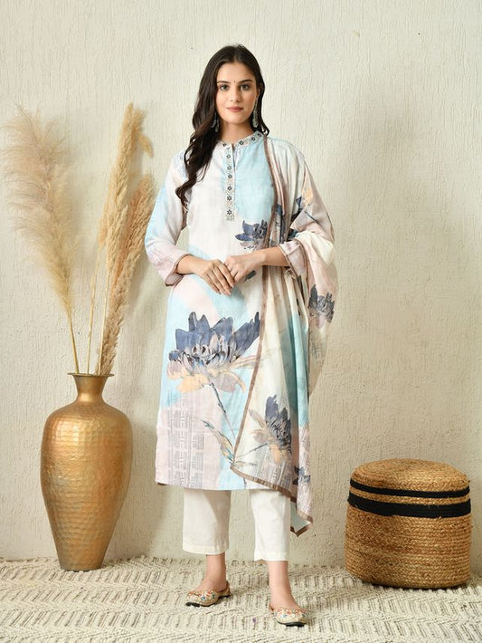 Off White Color Linen Fabric Designer Partywear Readymade Suit