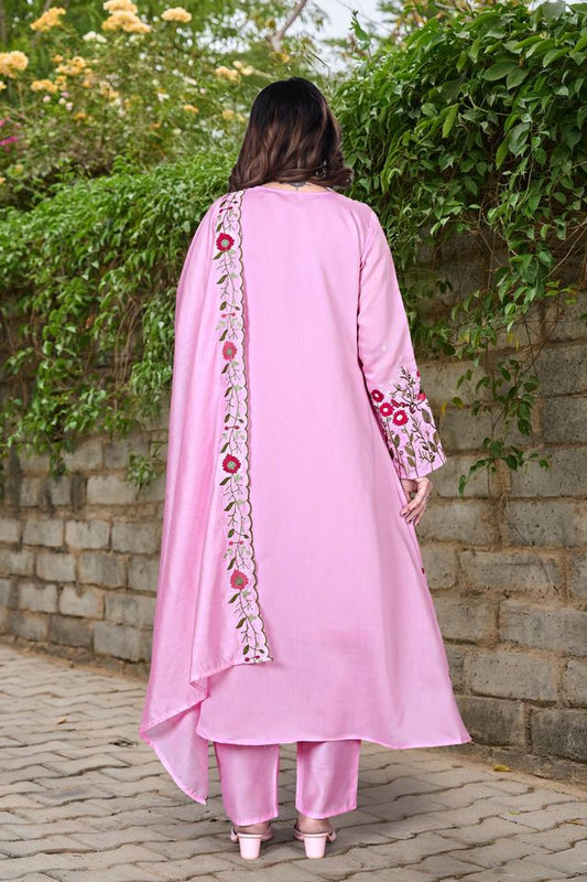 Pink Color Chanderi Fabric Designer Embroidered Readymade Suit