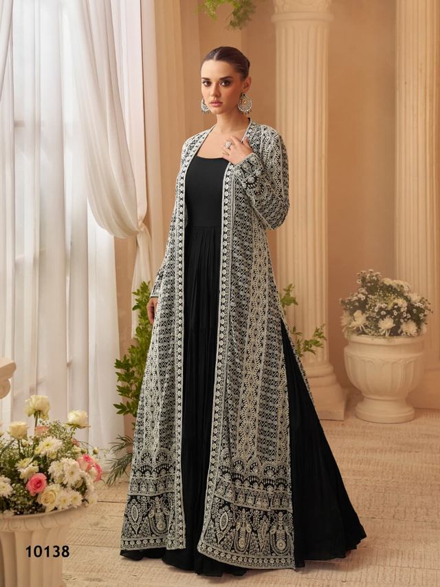 Heavy Silks Black Long Top With Silk Shrug Free Size Upto 42
