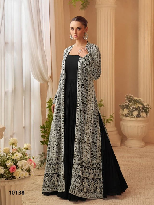 Heavy Silks Black Long Top With Silk Shrug Free Size Upto 42