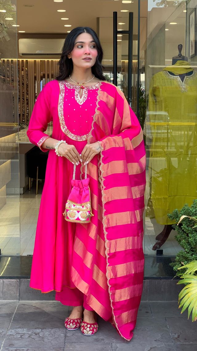 Pink Color Ethnic Cotton Silk Fabric Readymade Kurta Set With Dupatta