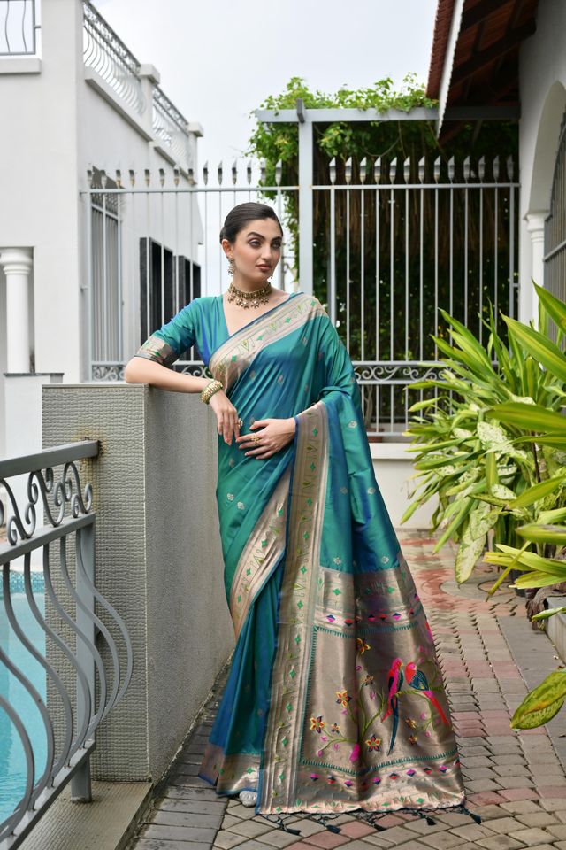 Rama Color Banarasi Silk Fabric Designer Partywear Saree