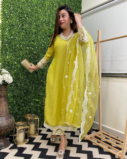 Lemon Laced Chanderi Cotton Embroidered Kurta Pant Dupatta Set