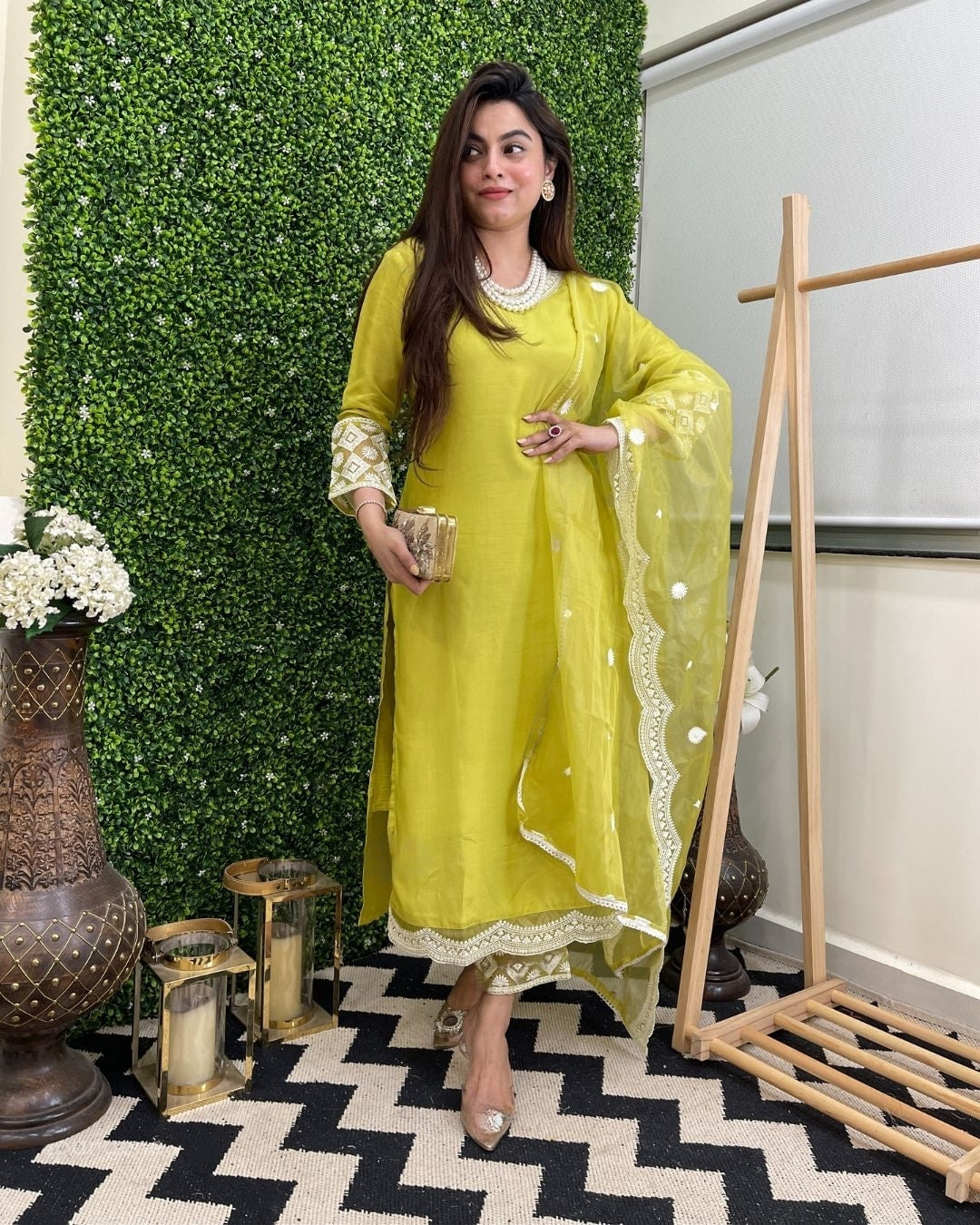 Lemon Laced Chanderi Cotton Embroidered Kurta Pant Dupatta Set