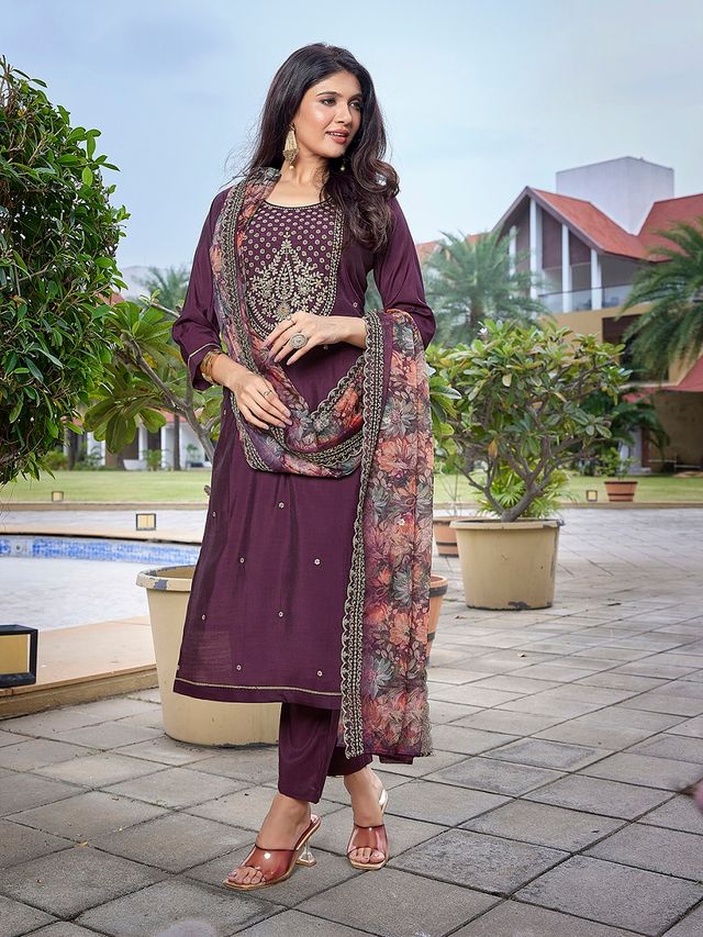 Wine Color Stylish Partywear Readymade Ethnic Suit