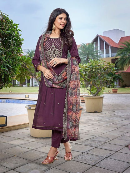Wine Color Stylish Partywear Readymade Ethnic Suit