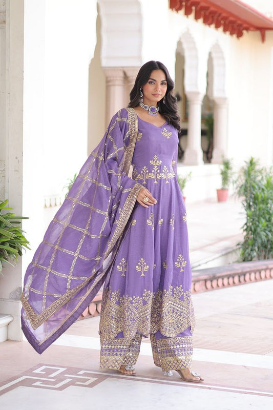 Lavender Color Silver Crunchy Fabric Sequins Embroidered Wedding Ceremonial Sharara Suit