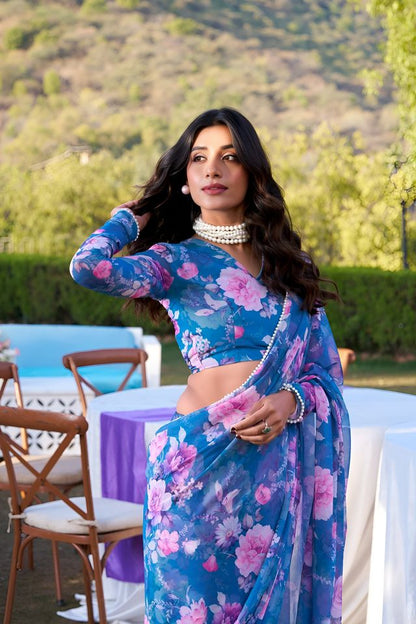 Blue Color Georgette Fabric Beautiful Floral Printed Saree