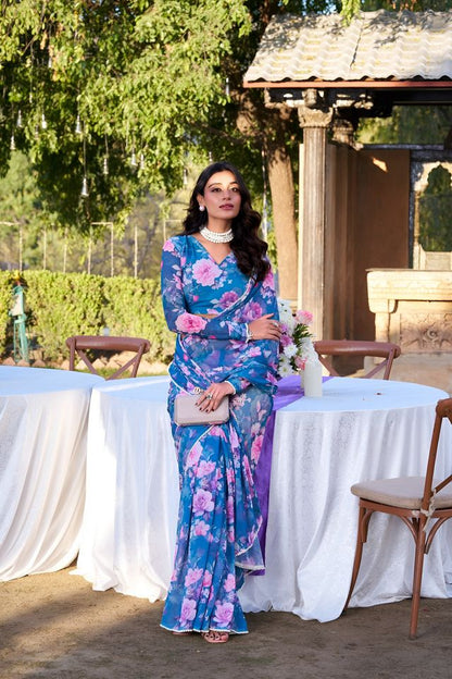 Blue Color Georgette Fabric Beautiful Floral Printed Saree