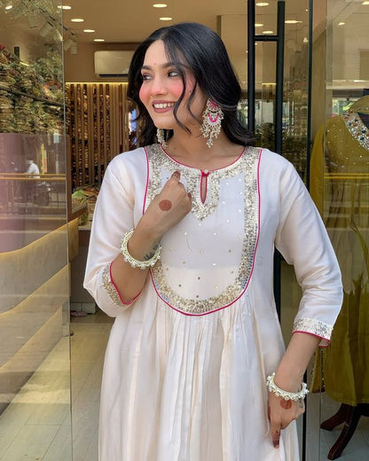 Cream Color Ethnic Cotton Silk Fabric Readymade Kurta Set With Dupatta