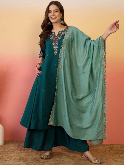 Teal Color Chanderi Silk Fabric Beautiful Graceful Readymade Palazzo Dress