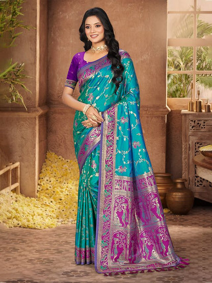 Teal Blue Color Silk Fabric Woven Designer Ethnic Partywear Saree