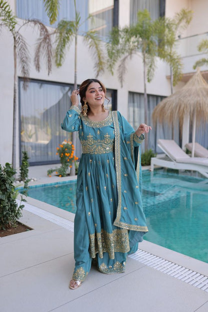 Sky Blue Color Super Silk Fabric Beautiful Ceremonial Suit With Dupatta
