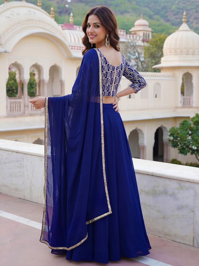 Blue Color Georgette Fabric Designer Embroidered Lehenga Choli For Ceremonial Looks