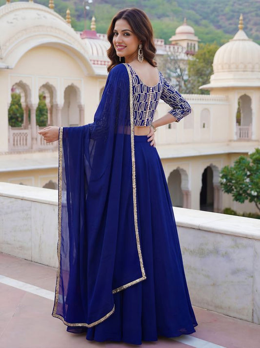 Blue Color Georgette Fabric Designer Embroidered Lehenga Choli For Ceremonial Looks