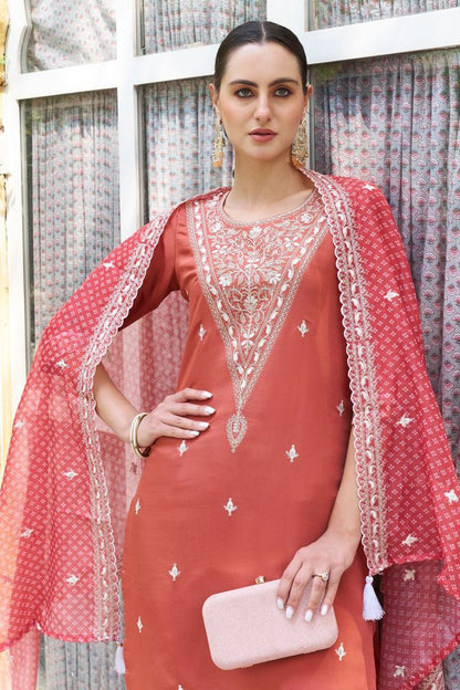 Peach Color Silk Blend Fabric Beautiful Embroidered Kurta Set With Dupatta