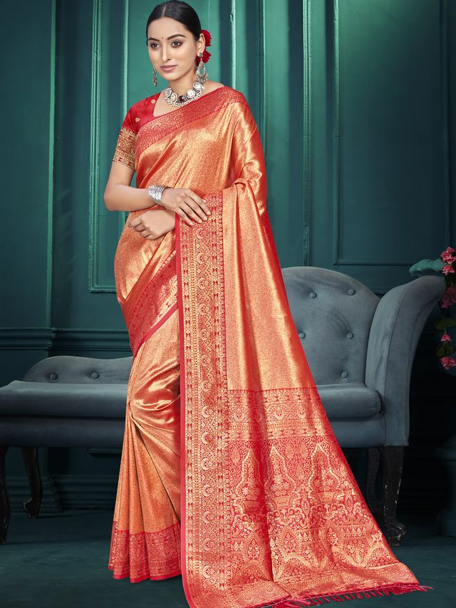 Orange Color Traditional Kanjivaram Silk Saree With Beautiful Woven Designer