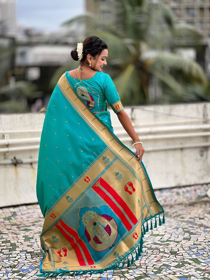 Sea Green Color Soft Silk Fabric Woven Paithani Designer Cultural Rich Saree