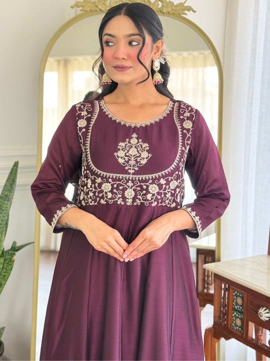 Women Beautiful Vichitra Silk Fabric Flared Kurta, Pant and Dupatta Set
