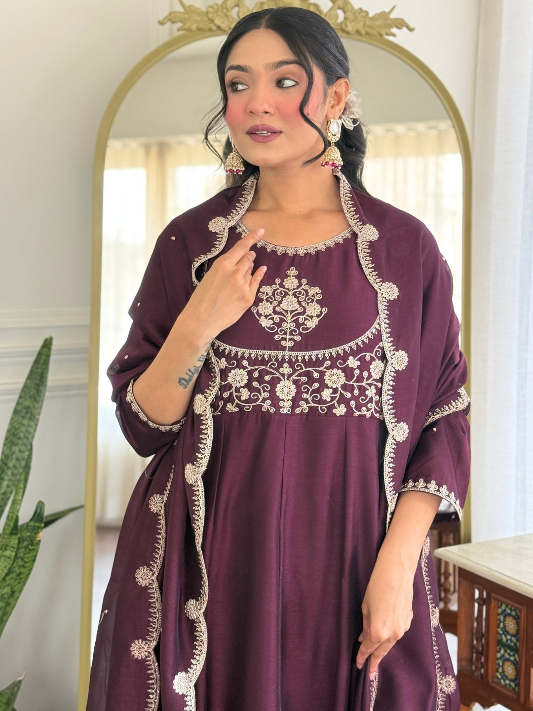 Women Beautiful Vichitra Silk Fabric Flared Kurta, Pant and Dupatta Set