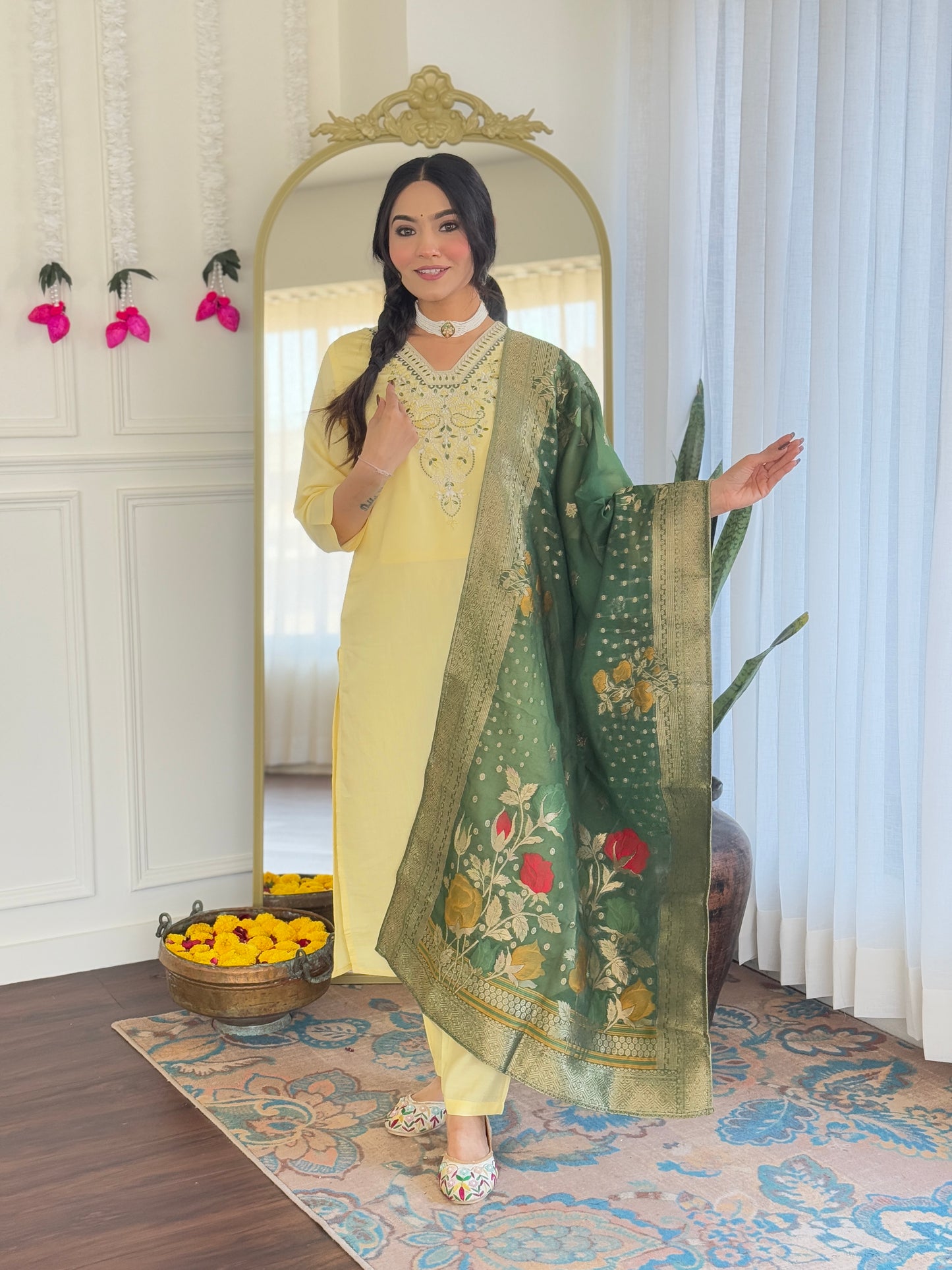 Yellow Women's Viscose Chanderi Fabric Straight Kurta, Pant and Dupatta Set