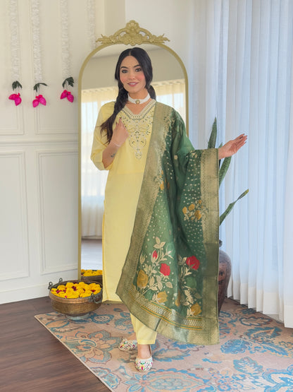 Yellow Women's Viscose Chanderi Fabric Straight Kurta, Pant and Dupatta Set
