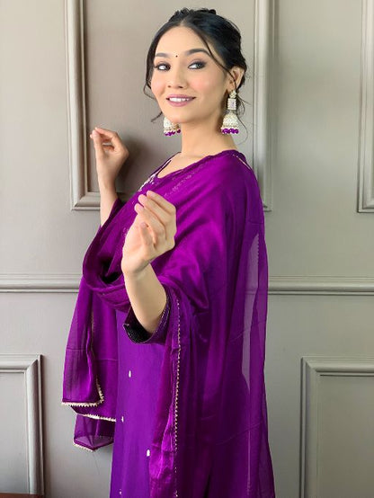 Violet Rayon Slub Fabric Embroidered work Straight cut Kurta, Pant and Dupatta Set