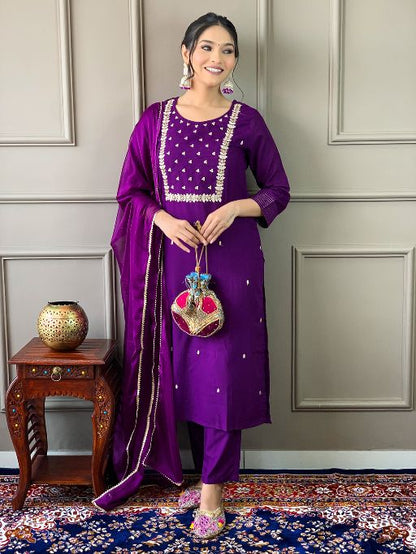 Violet Rayon Slub Fabric Embroidered work Straight cut Kurta, Pant and Dupatta Set