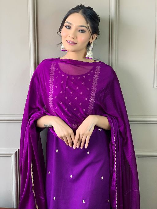 Violet Rayon Slub Fabric Embroidered work Straight cut Kurta, Pant and Dupatta Set
