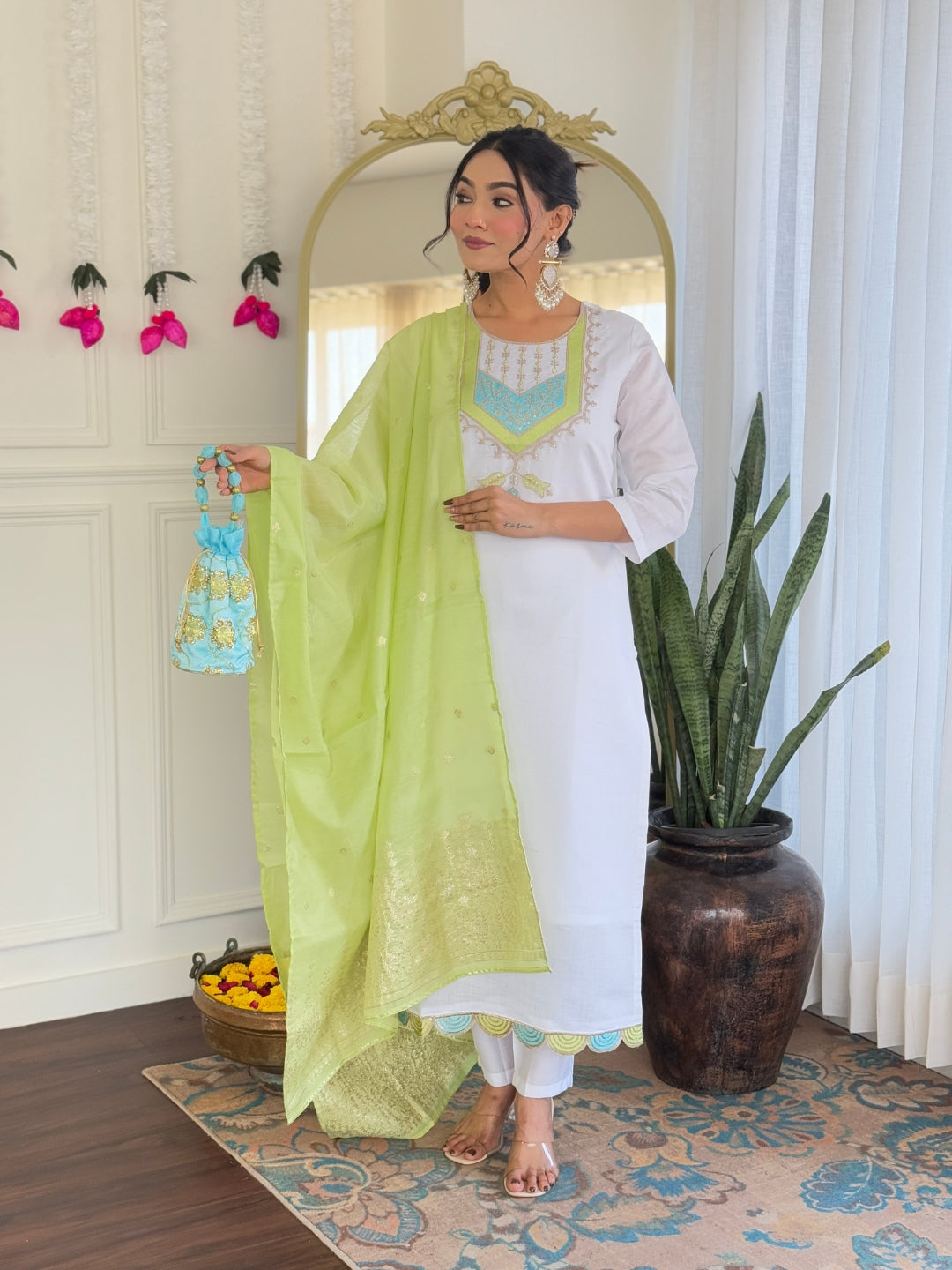 White Women's Viscose Chanderi Fabric Straight Kurta, Pant and Dupatta Set