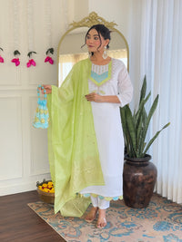 White Women's Viscose Chanderi Fabric Straight Kurta, Pant and Dupatta Set