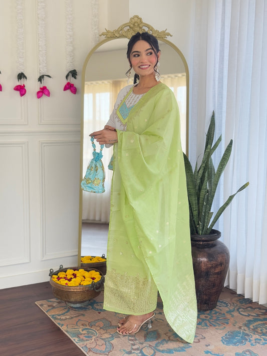 White Women's Viscose Chanderi Fabric Straight Kurta, Pant and Dupatta Set