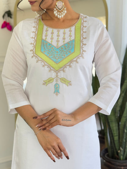 White Women's Viscose Chanderi Fabric Straight Kurta, Pant and Dupatta Set