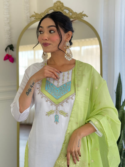 White Women's Viscose Chanderi Fabric Straight Kurta, Pant and Dupatta Set