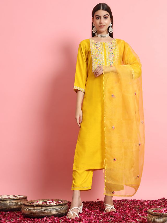 Yellow Color Designer Embroidered Silk Blend Ethnic Festive Special Suit