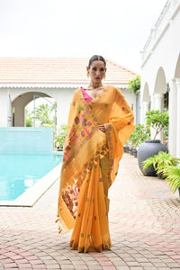 Orange Color Chanderi Cotton Fabric Weaving Reshan Flower Designer Ethnic Saree