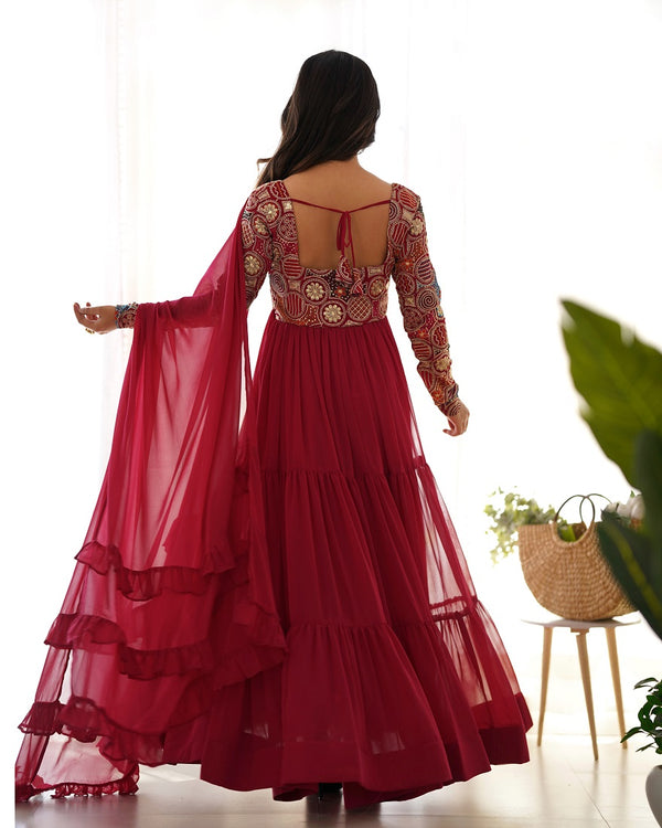 Women Maroon Festive Wear Embroidered Anarkali Kurta with Dupatta