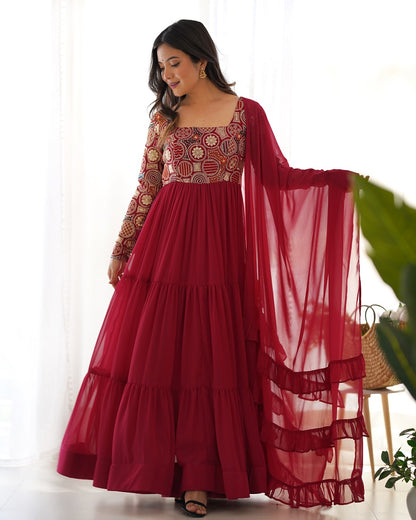 Women Maroon Festive Wear Embroidered Anarkali Kurta with Dupatta