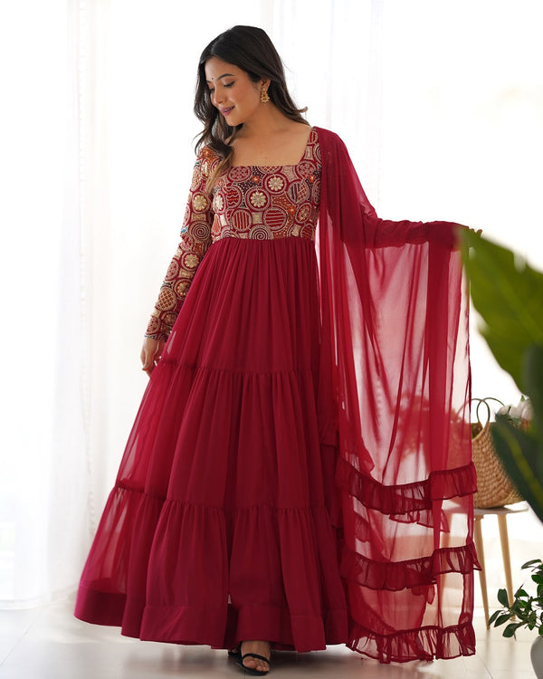 Women Maroon Festive Wear Embroidered Anarkali Kurta with Dupatta