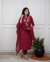 Women's Beautiful Rayon Slub Fabric Embroidery Work Straight Kurta Pant and Dupatta Set Monika
