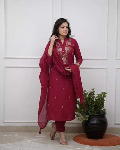 Women's Beautiful Rayon Slub Fabric Embroidery Work Straight Kurta Pant and Dupatta Set Monika