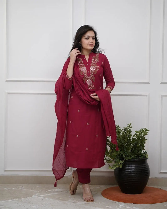 Women's Beautiful Rayon Slub Fabric Embroidery Work Straight Kurta Pant and Dupatta Set Monika