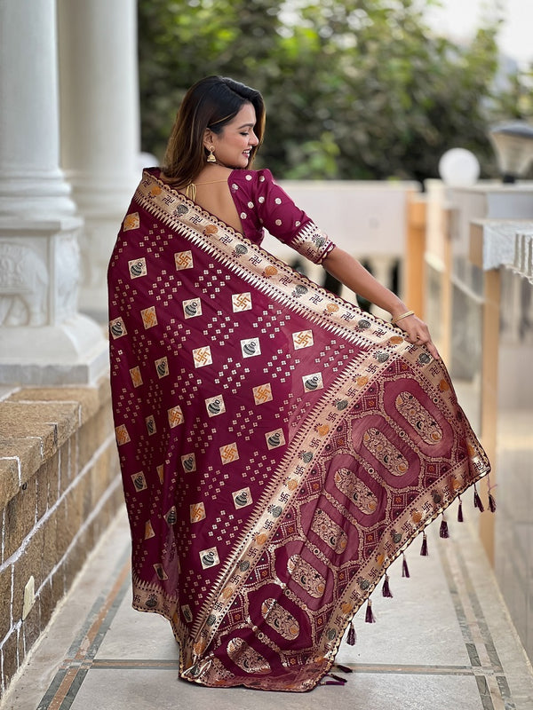 Maroon Soft Dolla Silk Meehttps://upload.meeshosupplyassets.com/cataloging/1748864658548/MAROON_5.JPGnakari Weaving Saree With Unstitched Blouse