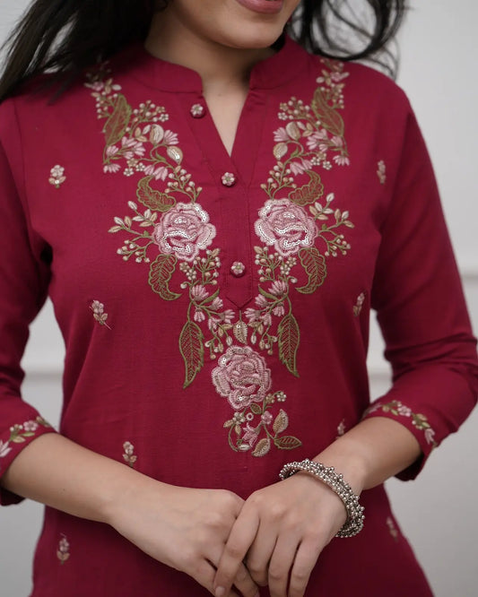 Women's Beautiful Rayon Slub Fabric Embroidery Work Straight Kurta Pant and Dupatta Set Monika