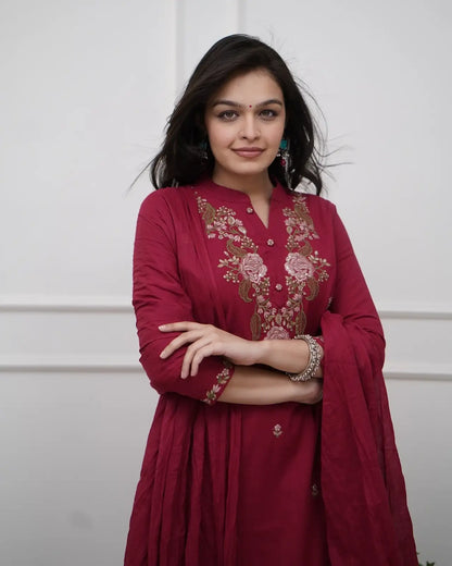 Women's Beautiful Rayon Slub Fabric Embroidery Work Straight Kurta Pant and Dupatta Set Monika