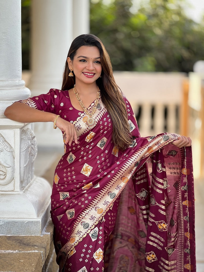 Maroon Soft Dolla Silk Meehttps://upload.meeshosupplyassets.com/cataloging/1748864658548/MAROON_5.JPGnakari Weaving Saree With Unstitched Blouse