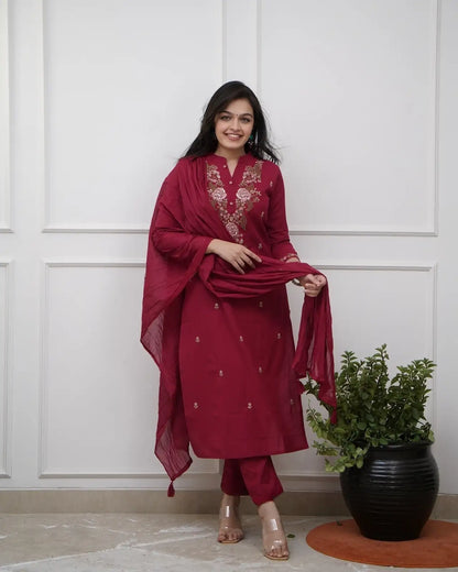 Women's Beautiful Rayon Slub Fabric Embroidery Work Straight Kurta Pant and Dupatta Set Monika