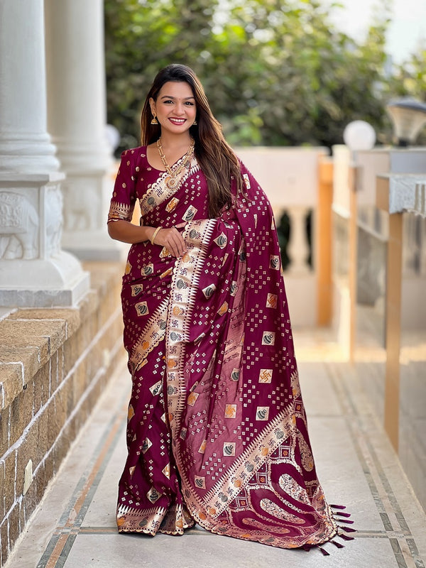 Maroon Soft Dolla Silk Meehttps://upload.meeshosupplyassets.com/cataloging/1748864658548/MAROON_5.JPGnakari Weaving Saree With Unstitched Blouse