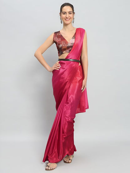 Pink Color Ready To Wear Chinon Fabric Saree For Stylish Looks