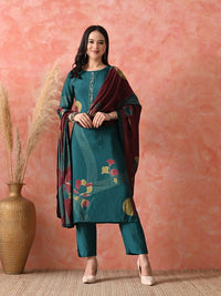Teal Color Roman Silk Fabric Designer Partywear Readymade Suit 4235